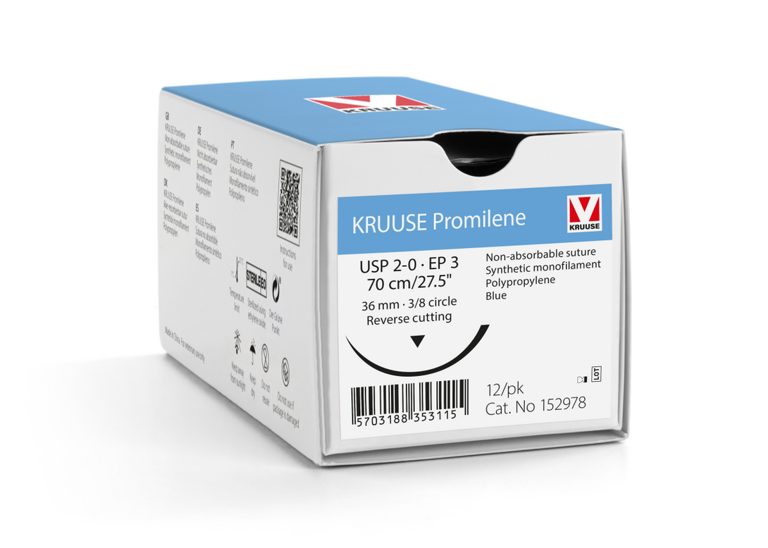 KRUUSE Promilene Suture, USP 2-0/EP 3, 70 cm/27.5", blue, 36 mm needle, 3/8 circle, reverse cutting, 12/pk