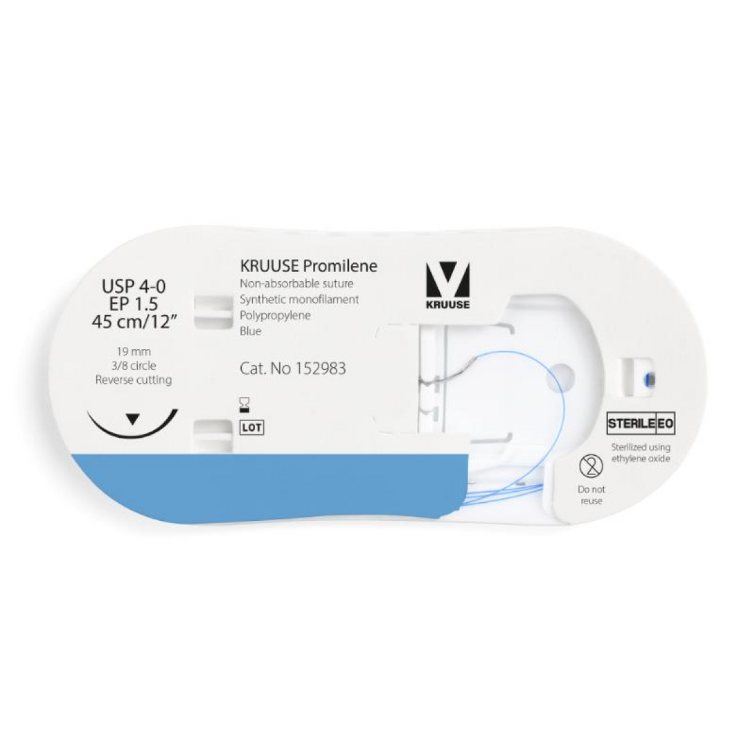 KRUUSE Promilene Suture, USP 4-0/EP 1.5, 45 cm/12", blue, 19 mm needle, 3/8 circle, reverse cutting, 12/pk