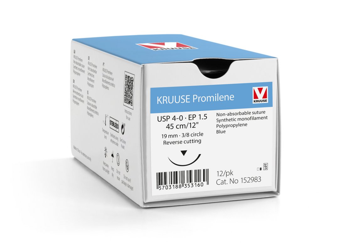 KRUUSE Promilene Suture, USP 4-0/EP 1.5, 45 cm/12", blue, 19 mm needle, 3/8 circle, reverse cutting, 12/pk