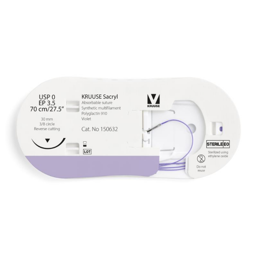 KRUUSE Sacryl Suture, USP 0/EP 3.5, 70 cm/27.5", violet, 30 mm needle, 3/8 circle, reverse cutting, 12/pk