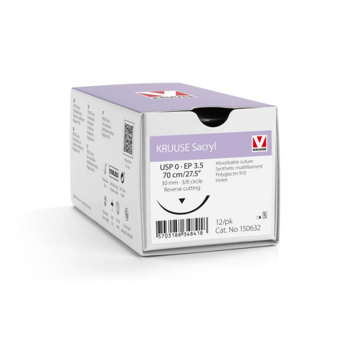 KRUUSE Sacryl Suture, USP 0/EP 3.5, 70 cm/27.5", violet, 30 mm needle, 3/8 circle, reverse cutting, 12/pk