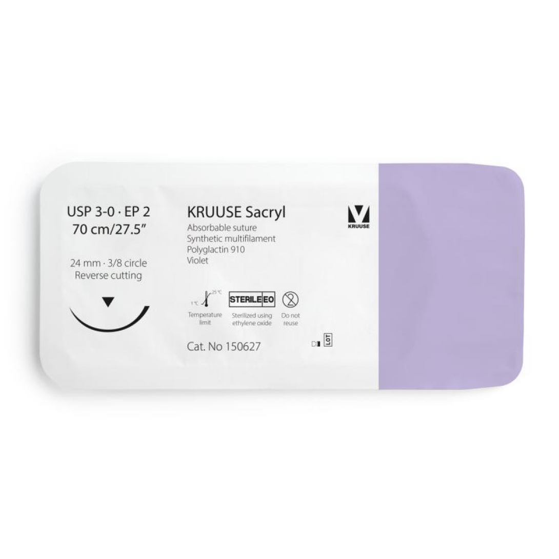 KRUUSE Sacryl Suture, USP 3-0/EP 2, 70 cm/27.5", violet, 24 mm needle, 3/8 circle, reverse cutting, 12/pk