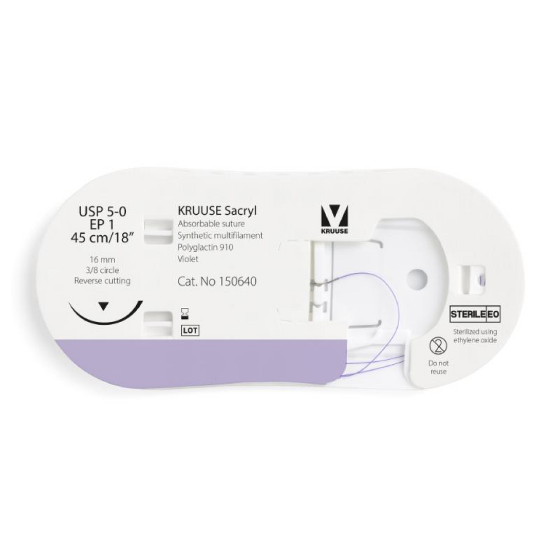 KRUUSE Sacryl Suture, USP 5-0/EP 1, 45 cm/18", violet, 16 mm needle, 3/8 circle, reverse cutting, 12/pk
