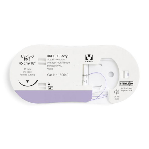 KRUUSE Sacryl Suture, USP 5-0/EP 1, 45 cm/18", violet, 16 mm needle, 3/8 circle, reverse cutting, 12/pk