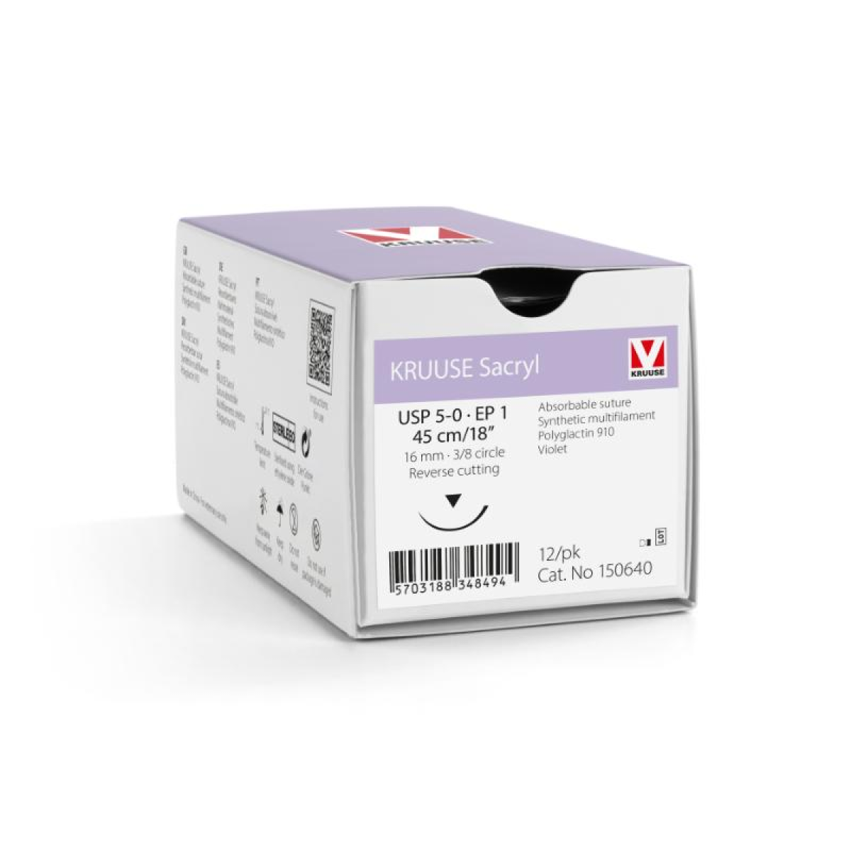 KRUUSE Sacryl Suture, USP 5-0/EP 1, 45 cm/18", violet, 16 mm needle, 3/8 circle, reverse cutting, 12/pk