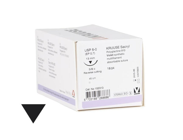 KRUUSE Sacryl suture, USP 6-0 (45cm), 3/8C RC Needle: 13mm 18/PK