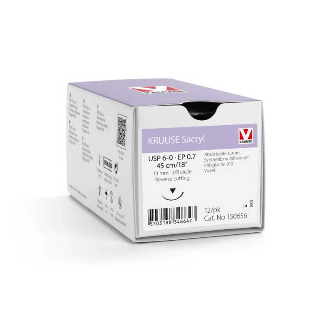KRUUSE Sacryl Suture, USP 6-0/EP 0.7, 45 cm/18", violet, 13 mm needle, 3/8 circle, reverse cutting, 12/pk