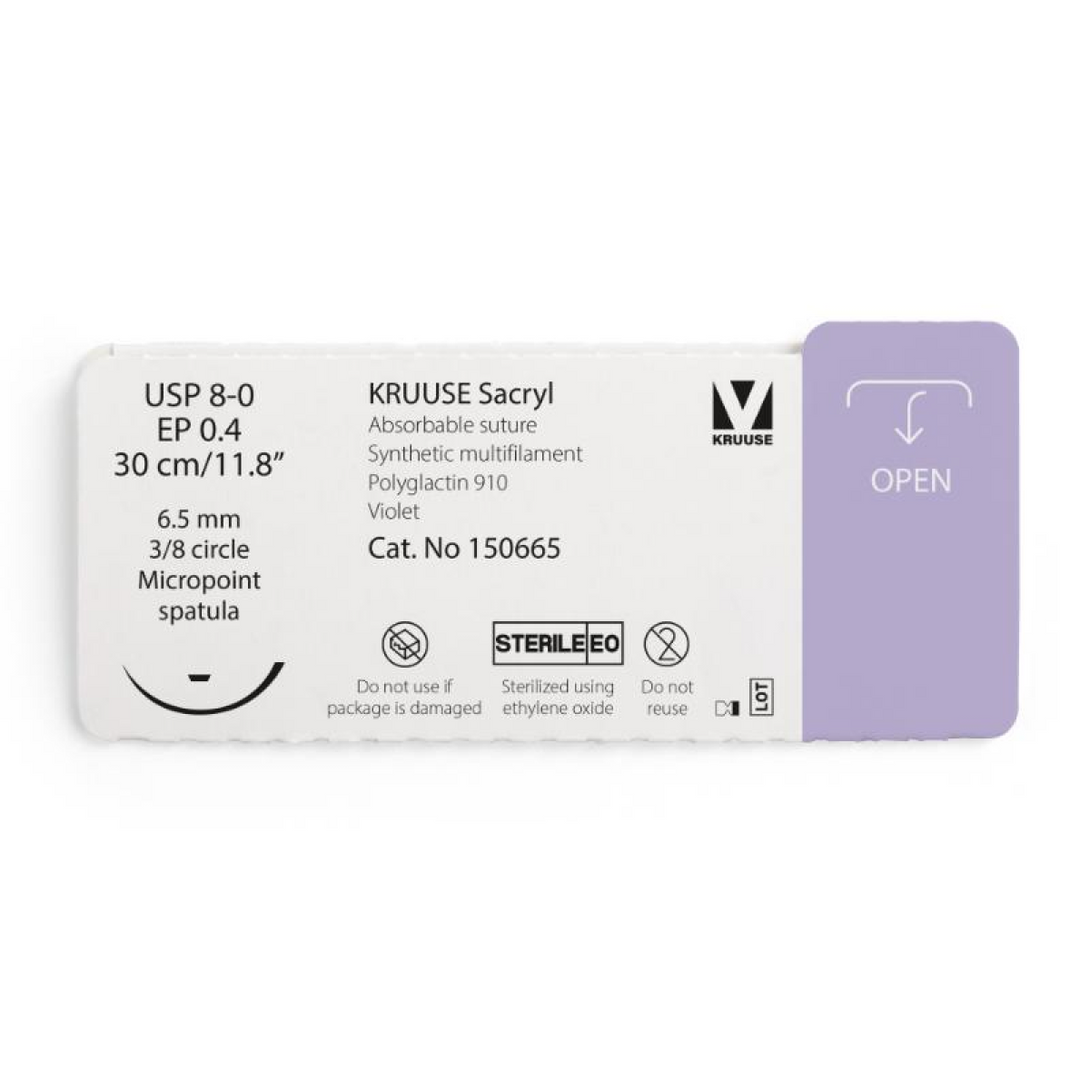 KRUUSE Sacryl Suture, USP 8-0/EP 0.4, 30 cm/11.8", violet, 6.5 mm needle, 3/8 circle, micropoint spatula, 12/pk