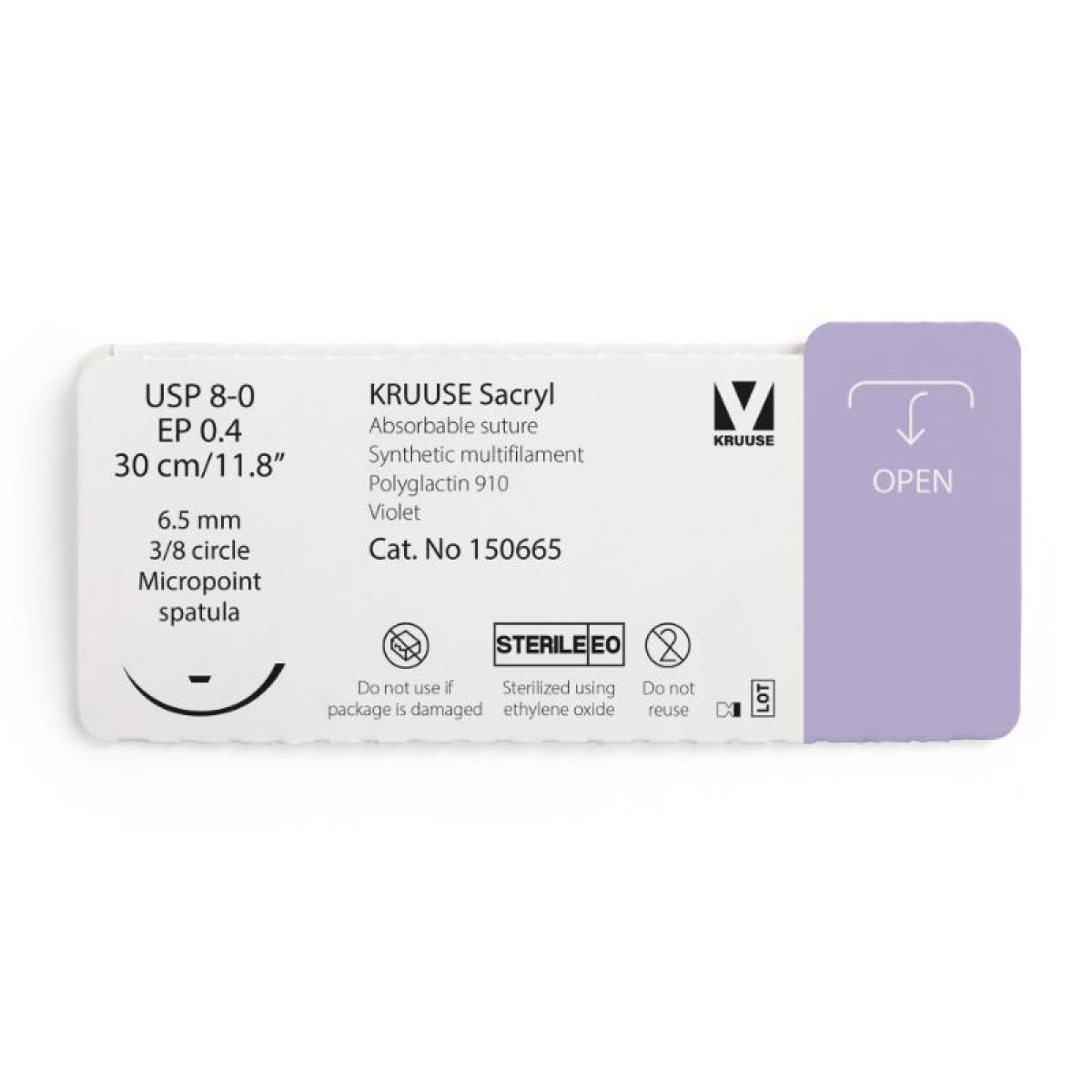 KRUUSE Sacryl Suture, USP 8-0/EP 0.4, 30 cm/11.8", violet, 6.5 mm needle, 3/8 circle, micropoint spatula, 12/pk