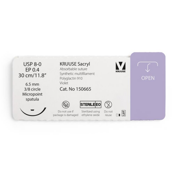 KRUUSE Sacryl Suture, USP 8-0/EP 0.4, 30 cm/11.8", violet, 6.5 mm needle, 3/8 circle, micropoint spatula, 12/pk