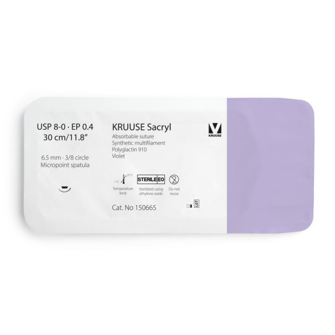 KRUUSE Sacryl Suture, USP 8-0/EP 0.4, 30 cm/11.8", violet, 6.5 mm needle, 3/8 circle, micropoint spatula, 12/pk