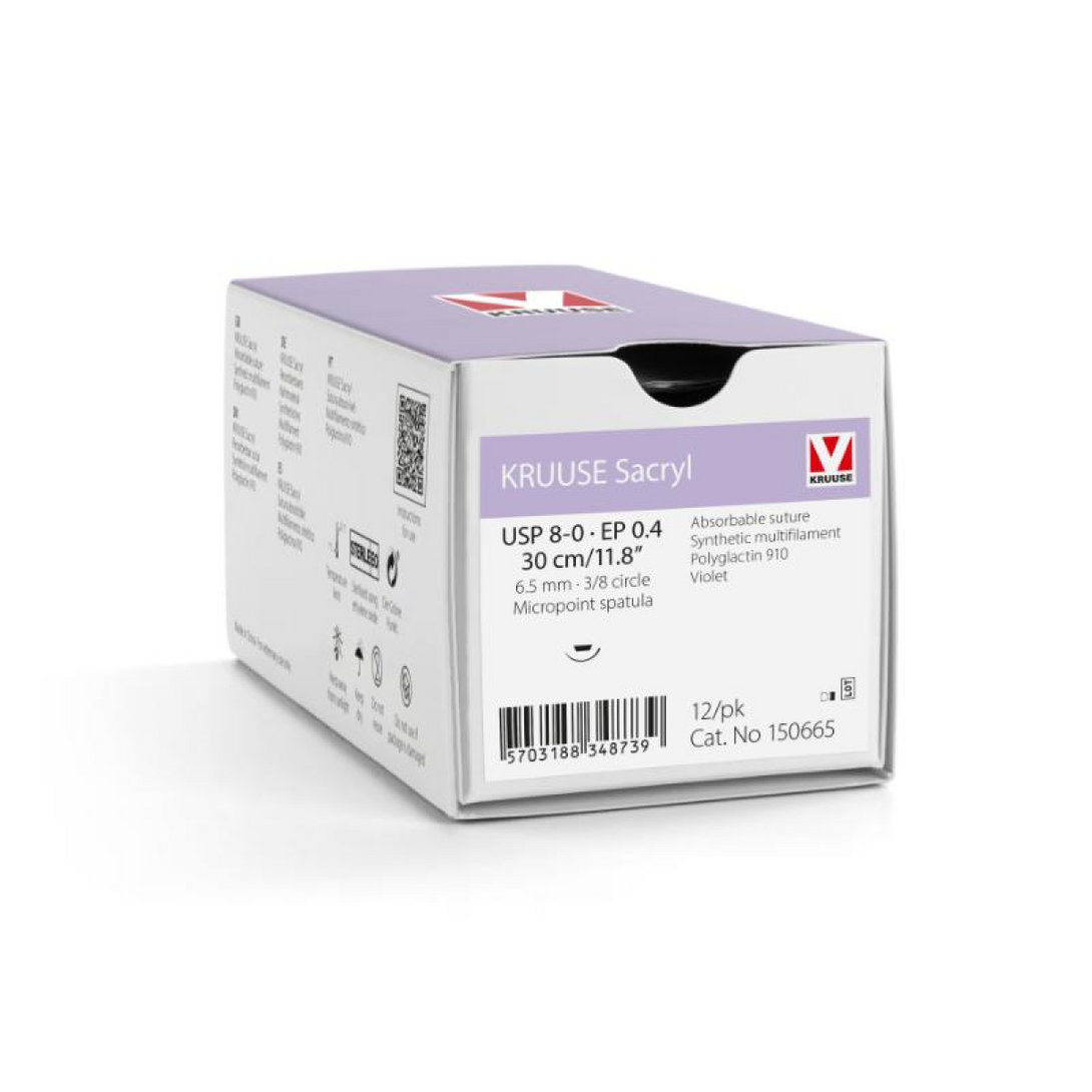 KRUUSE Sacryl Suture, USP 8-0/EP 0.4, 30 cm/11.8", violet, 6.5 mm needle, 3/8 circle, micropoint spatula, 12/pk