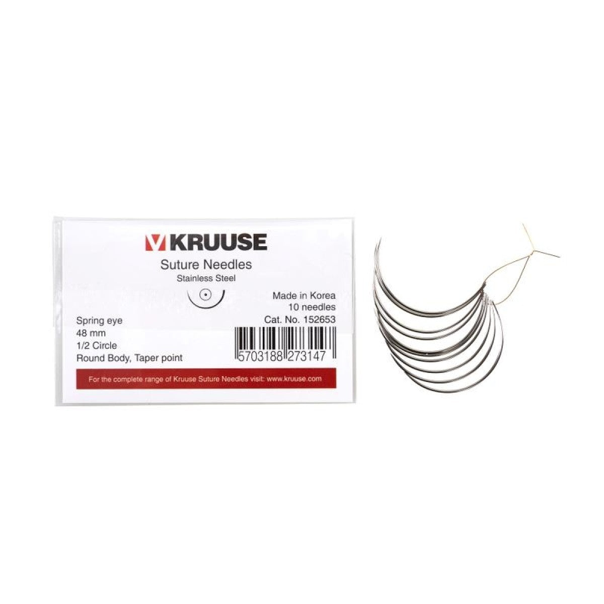 KRUUSE suture needle spring eye, 1/2 circle, round body, taper point, 48 mm, 10/pk