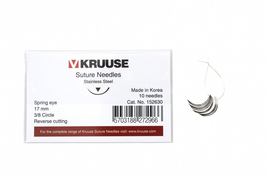 KRUUSE Suture Needle Spring Eye, 3/8 Circle, Reverse Cutting, 17 mm, 10/pk