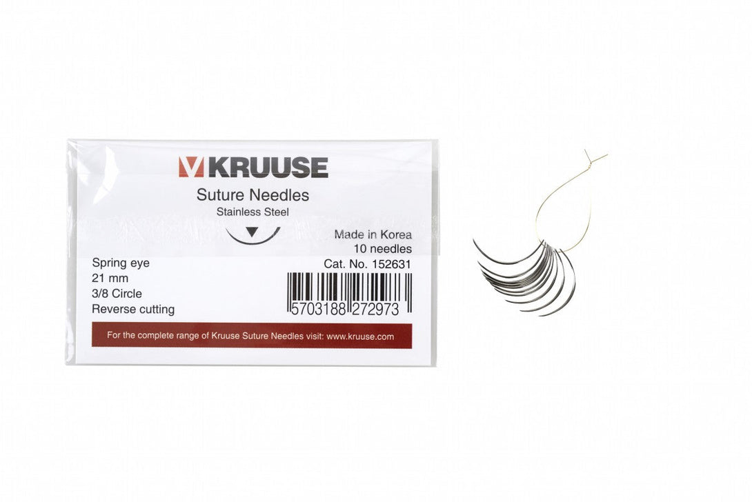 KRUUSE Suture Needle Spring Eye, 3/8 Circle, Reverse Cutting, 21 mm, 10/pk
