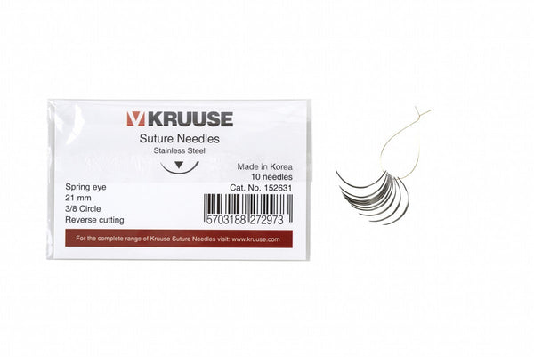 KRUUSE Suture Needle Spring Eye, 3/8 Circle, Reverse Cutting, 21 mm, 10/pk