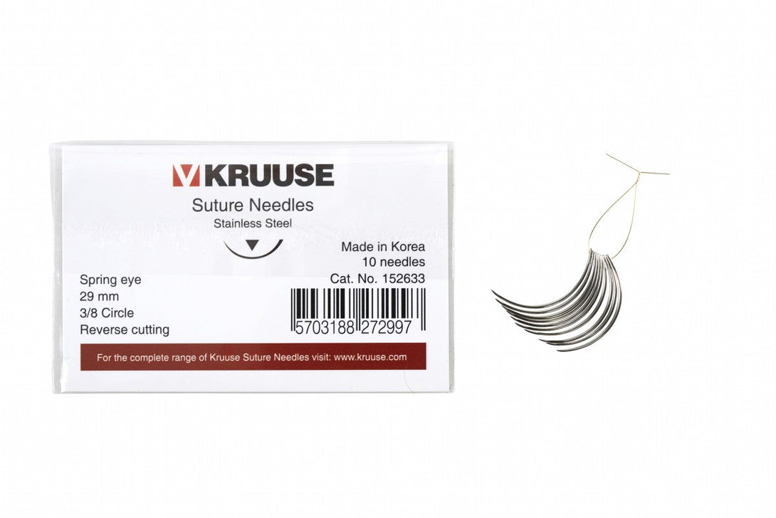 KRUUSE Suture Needle Spring Eye, 3/8 Circle, Reverse Cutting, 29 mm, 10/pk
