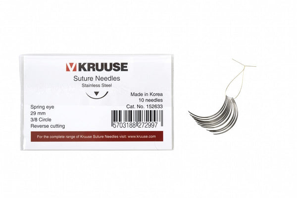 KRUUSE Suture Needle Spring Eye, 3/8 Circle, Reverse Cutting, 29 mm, 10/pk