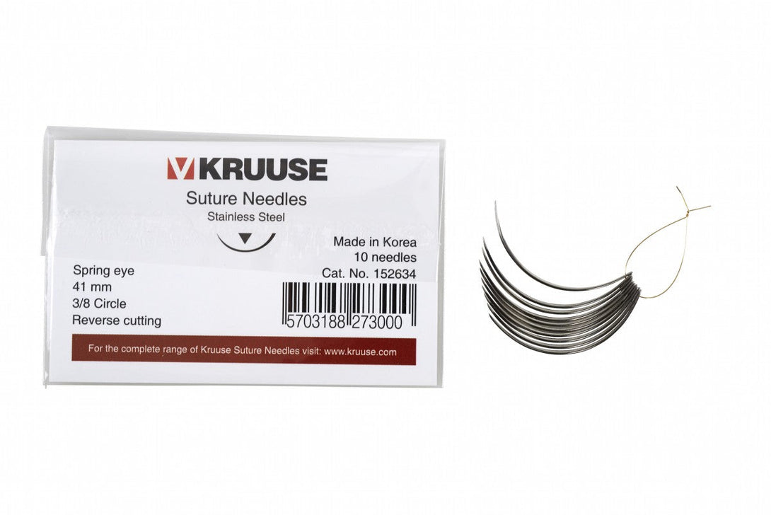 KRUUSE Suture Needle, spring eye, 3/8 circle, reverse cutting, 41 mm, 10/pk