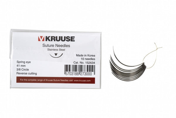 KRUUSE Suture Needle, spring eye, 3/8 circle, reverse cutting, 41 mm, 10/pk