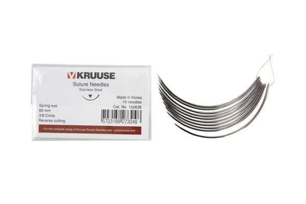 KRUUSE suture needle spring eye, 3/8 circle, reverse cutting, 89 mm, 10/pk