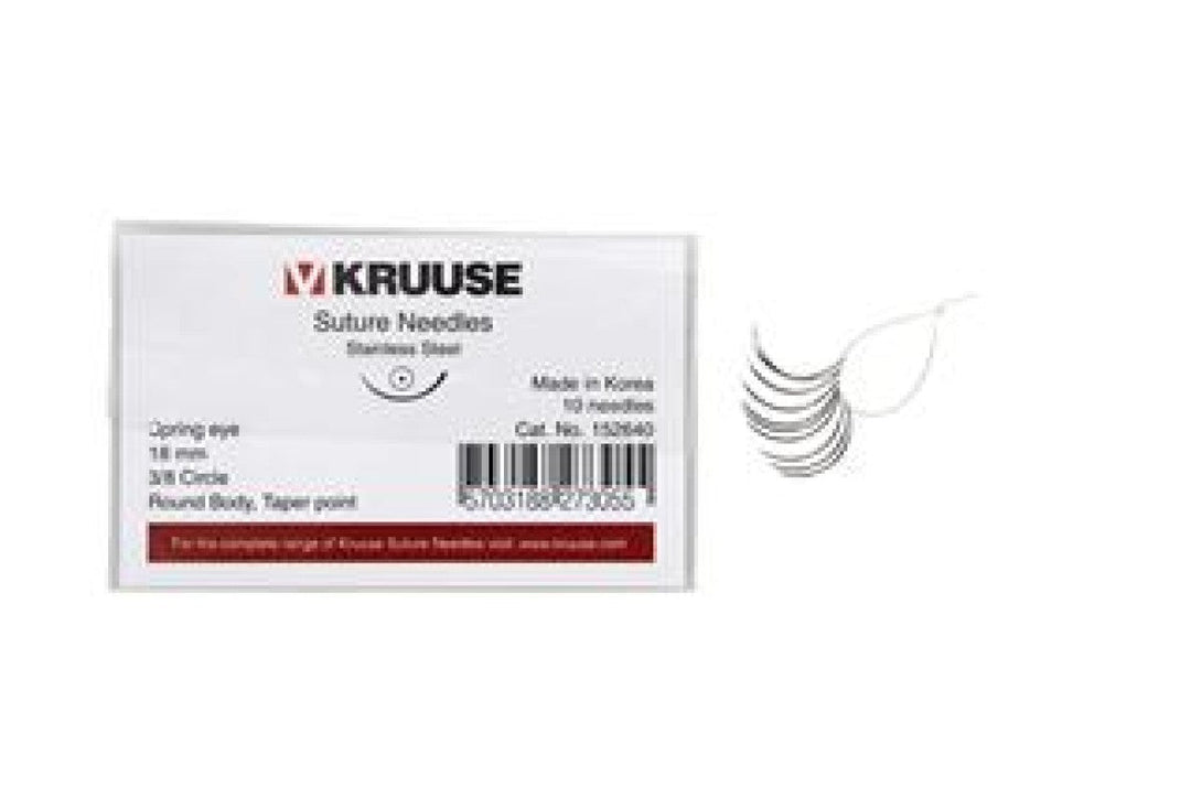 KRUUSE Suture Needle Spring Eye, 3/8 Circle, Round Body, Taper Point, 18 mm, 10/pk
