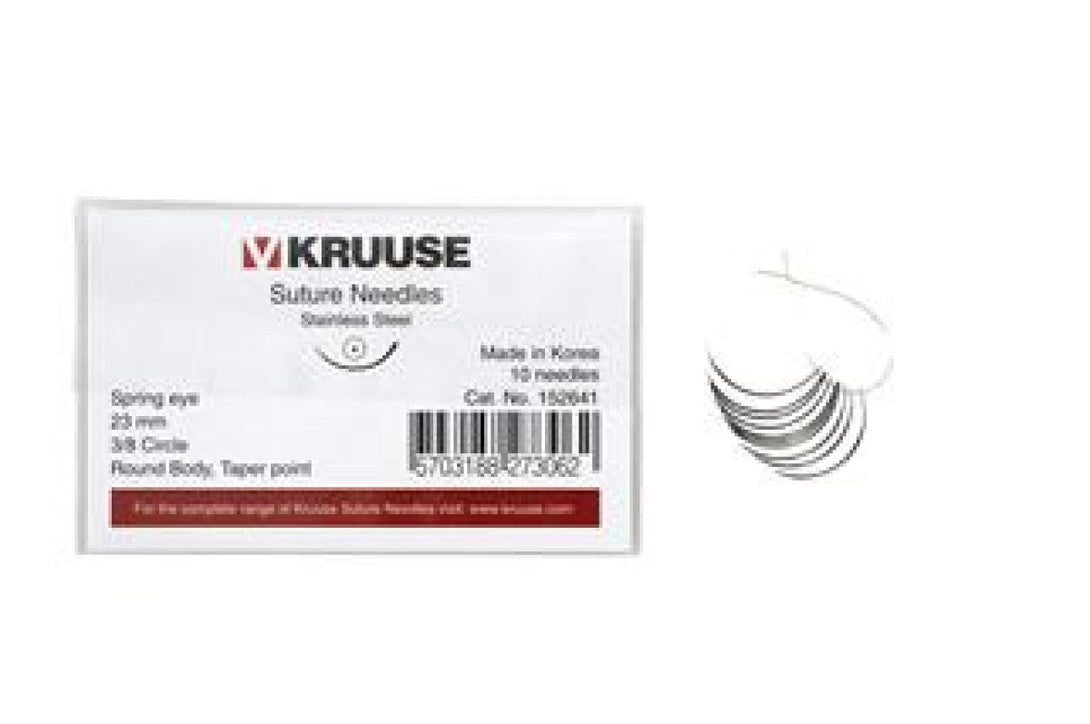 KRUUSE Suture Needle Spring Eye, 3/8 Circle, Round Body, Taper Point, 23 mm, 10/pk