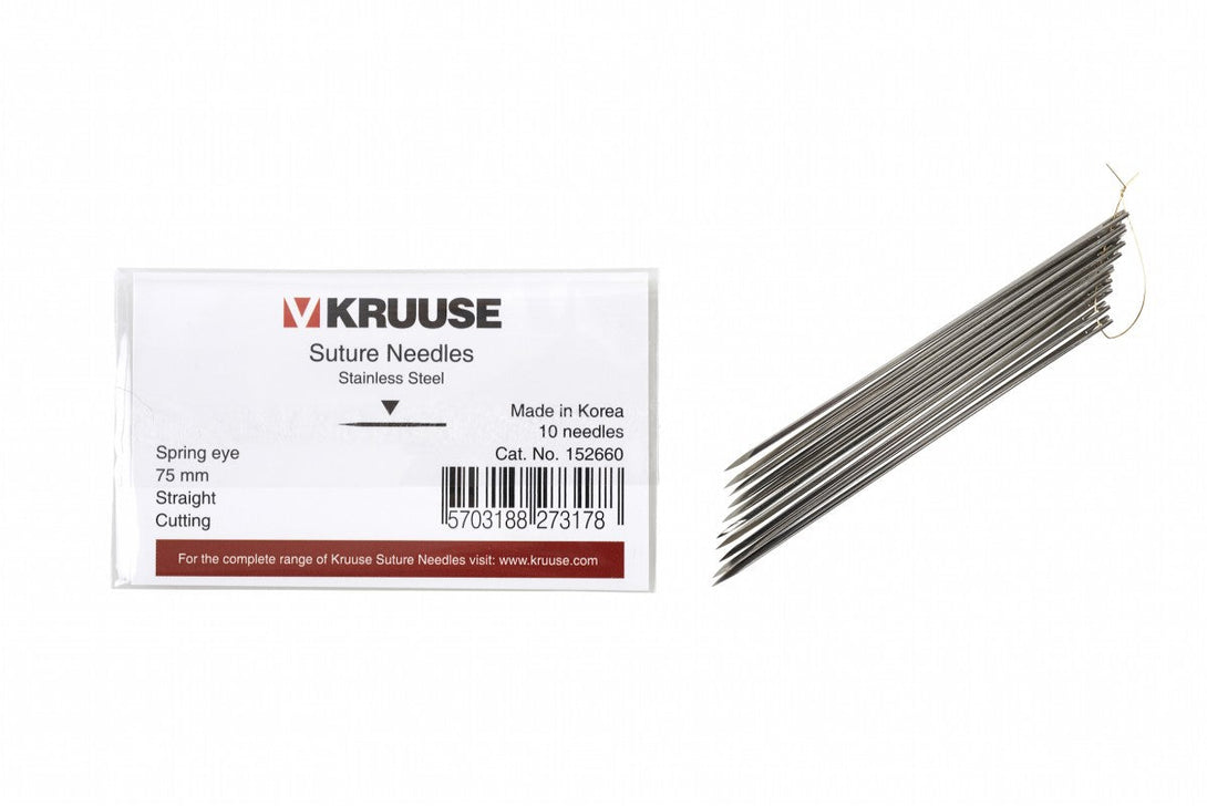 KRUUSE Suture Needle Spring Eye, Straight, Cutting, 75 mm, 10/pk