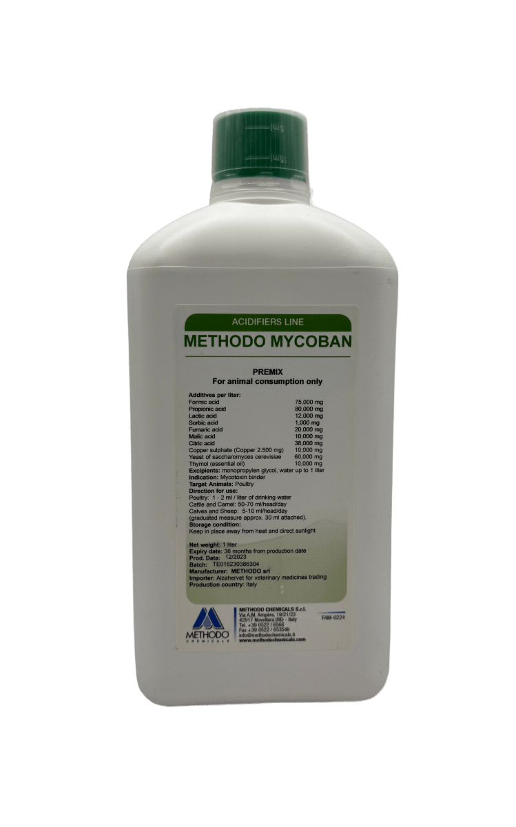 Methodo Mycoban 1L is an antimycotoxin and fungal treatment for poultry, camels, cattle, calves and sheep - Shopivet.com