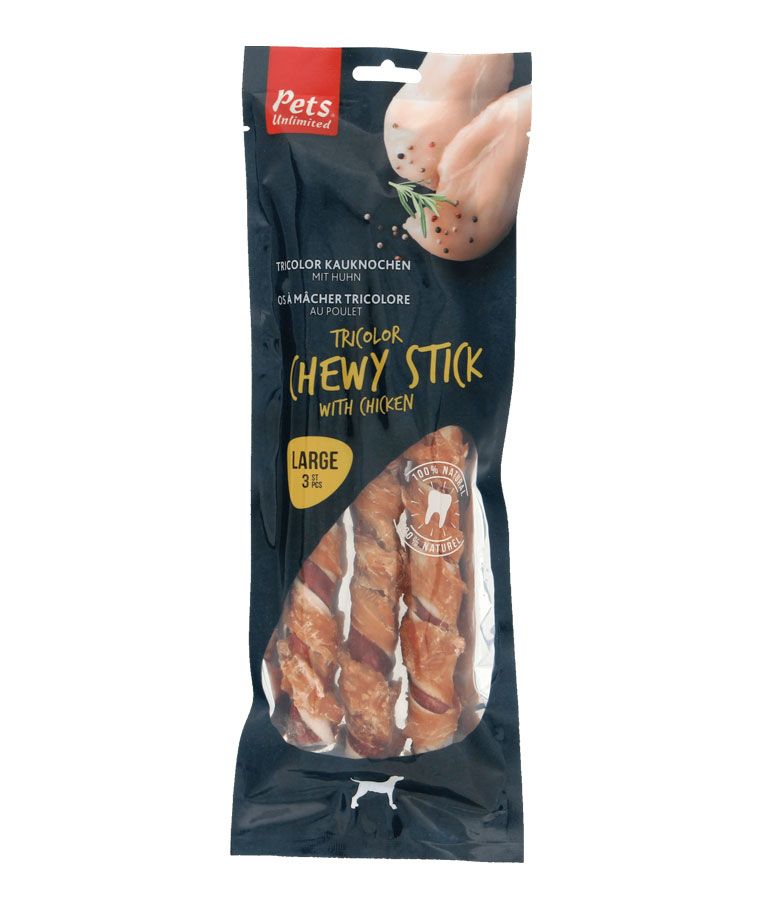 Pets Unlimited Tricolor Chewy Stick with Chicken Large Dog Treats 3pcs - Shopivet.com