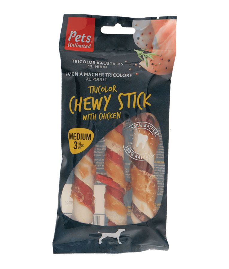 Pets Unlimited Tricolor Chewy Stick with Chicken Medium Dog Treats 3pcs - Shopivet.com