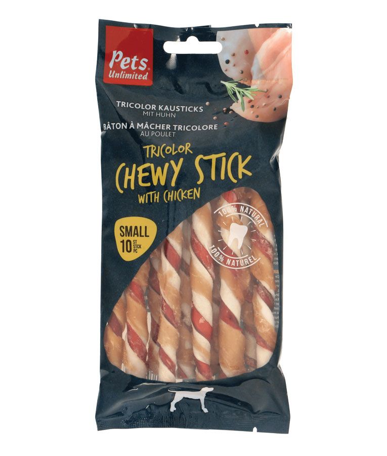 Pets Unlimited Tricolor Chewy Stick with Chicken Small Dog Treats 10pcs - Shopivet.com