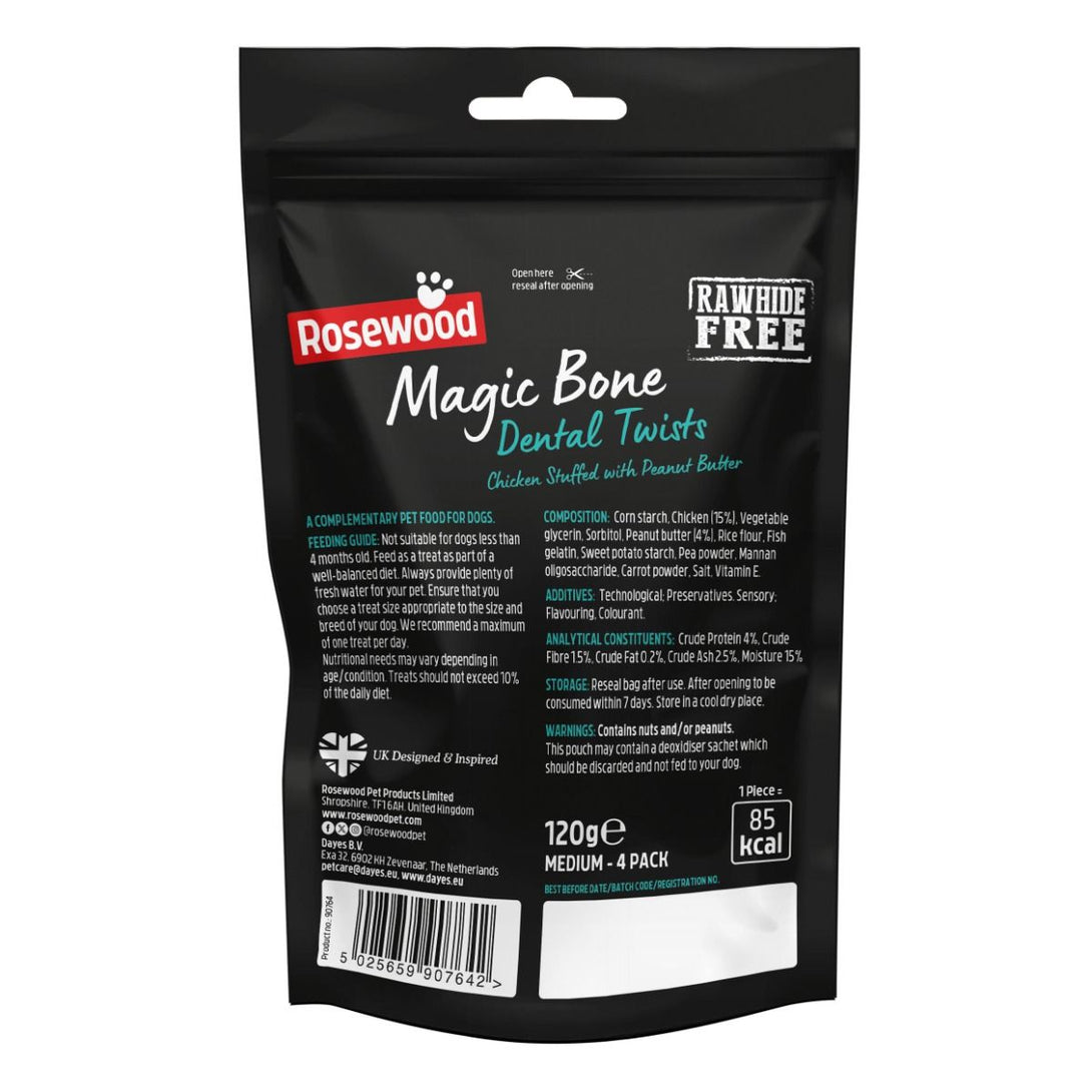 Rosewood Magic Bone Dental Twist Chicken Stuffed with Peanut Butter Medium Dog Treats 4pcs 120g - 120g - Shopivet.com