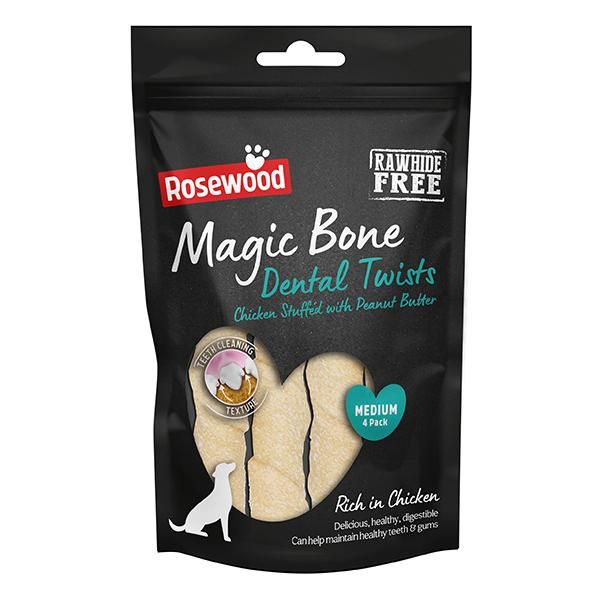Rosewood Magic Bone Dental Twist Chicken Stuffed with Peanut Butter Medium Dog Treats 4pcs 120g - 120g - Shopivet.com