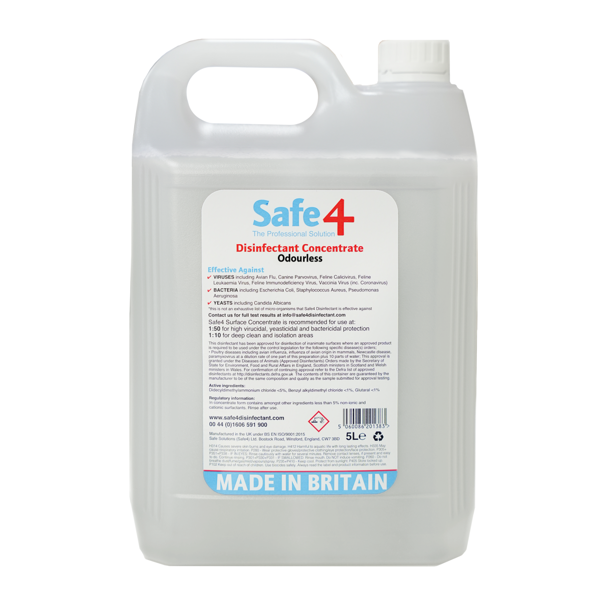 Safe4 Concentrated Disinfectant Cleaner, Odourless, Enhanced Formula, 5 L