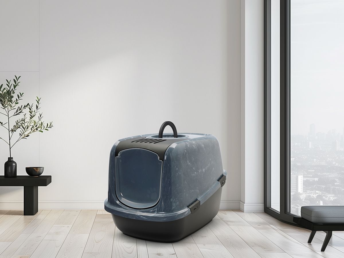 Savic Nestor Toilet Home Cat Litter Box Jumbo Marble - Anthracite White/Black - Shopivet.com