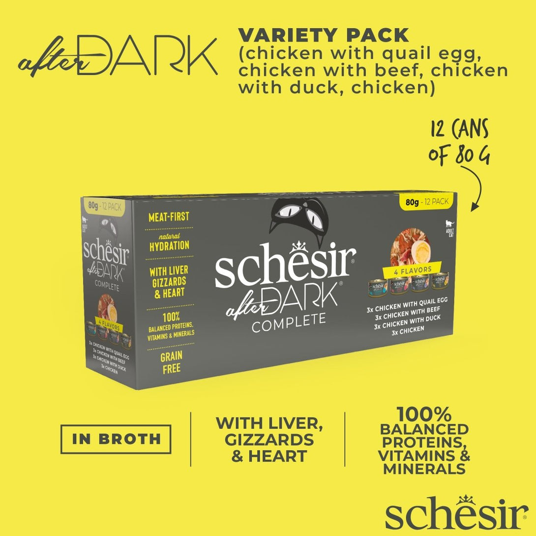 Schesir After Dark In Pate' Variety Pack For Cat 960g (80g x12 Cans) - 4 Flavors ( 3 Cans Each Flavor) - Shopivet.com