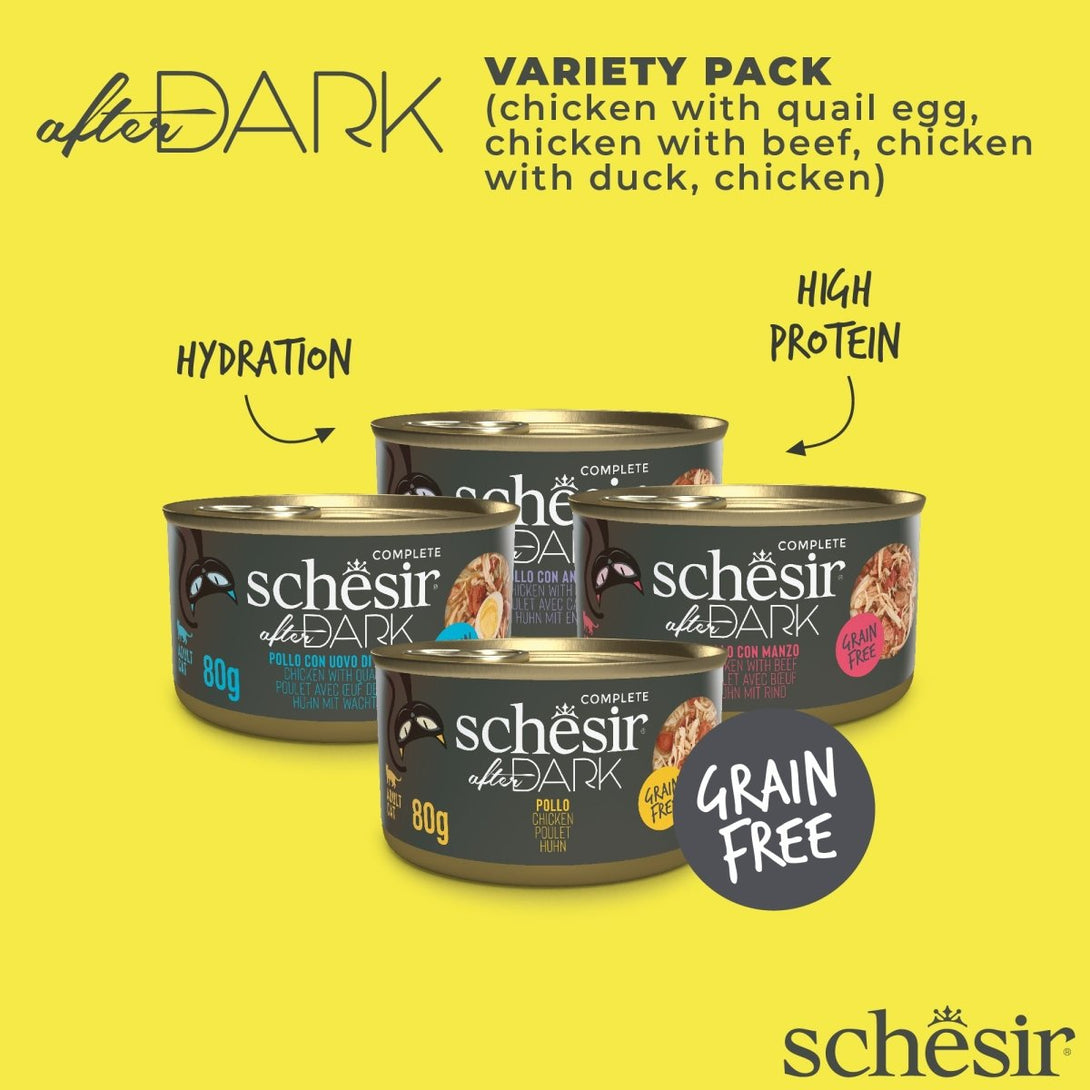 Schesir After Dark In Pate' Variety Pack For Cat 960g (80g x12 Cans) - 4 Flavors ( 3 Cans Each Flavor) - Shopivet.com