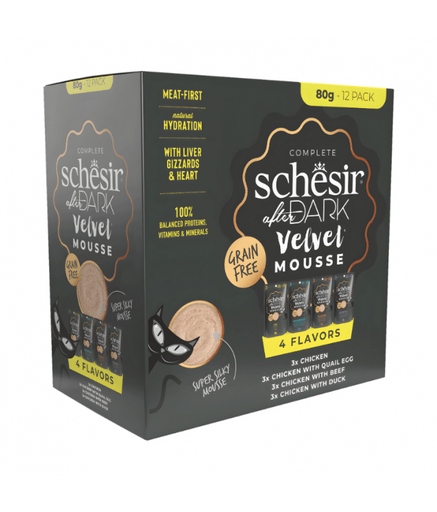 Schesir After Dark Velvet Mousse In Broth Variety Pack For Cat 960g (80g x12 Pouch) - 4 Flavors ( 3 Pouch Each Flavor) - Shopivet.com