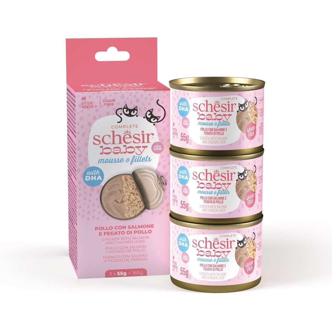 Schesir Baby Cat Can Multipack Mousse & Fillets - Chicken With Salmon & Chicken Liver 165g (3 Cans x55g) - Shopivet.com