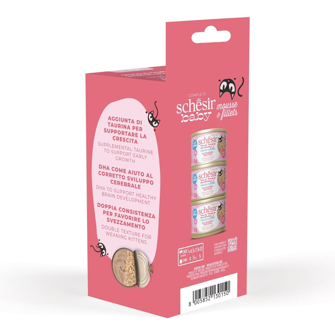 Schesir Baby Cat Can Multipack Mousse & Fillets - Chicken With Salmon & Chicken Liver 165g (3 Cans x55g) - Shopivet.com