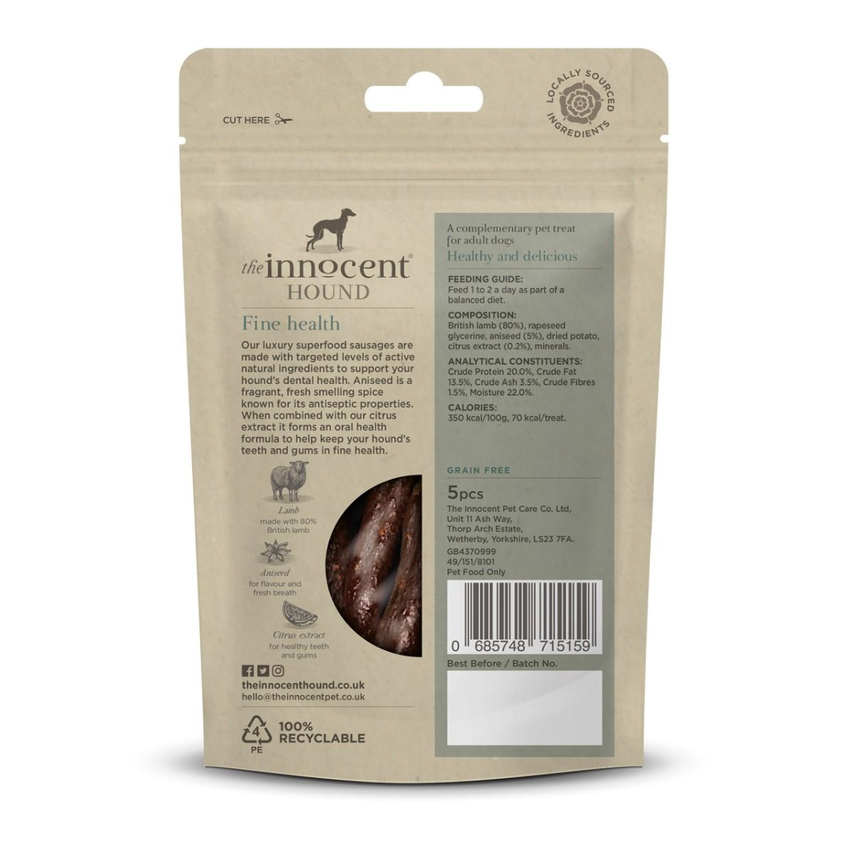 The Innocent Hound Dental Support British Lamb Aniseed & Citrus Exract Dog Sausages 5 pcs - 5pcs - Shopivet.com