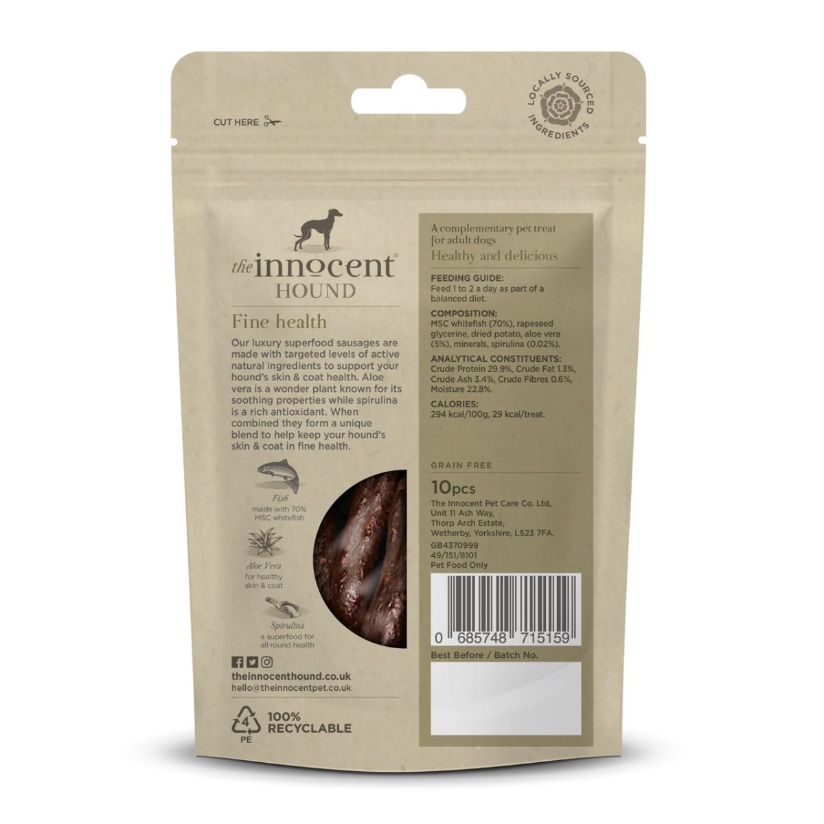 The Innocent Hound Skin & Coat White Fish Aloe Vera & Spirulina Dog Sausages 10pcs - 10pcs - Shopivet.com