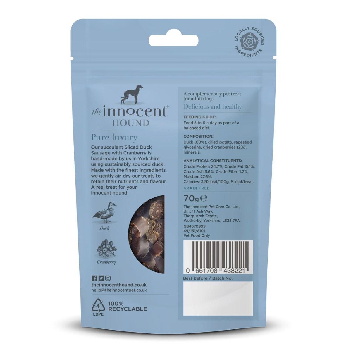 The Innocent Hound Sliced Duck with Cranberry Dog Sausages 70g - 70g - Shopivet.com