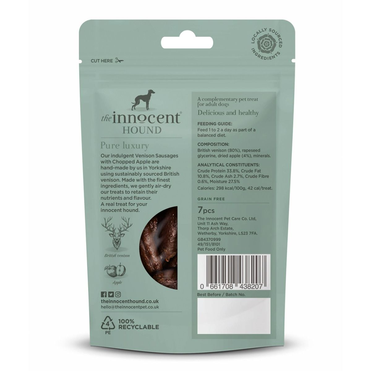 The Innocent Hound Venison with Chopped Apple Dog Sausages 7pcs - 7pcs - Shopivet.com