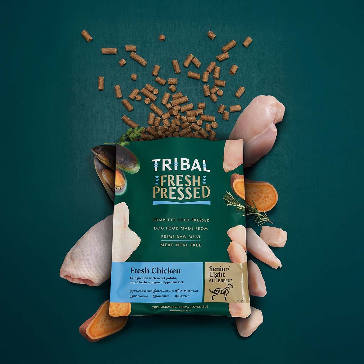 Tribal Fresh Pressed Complete Fresh Chicken Senior/Light Dry Dog Food - 12kg - Shopivet.com