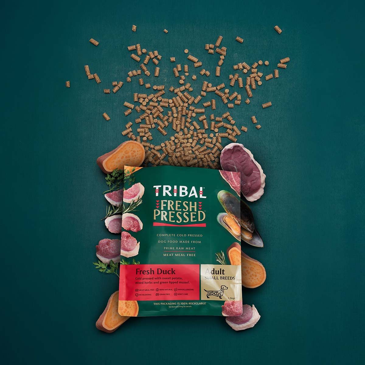 Tribal Fresh Pressed Complete Fresh Duck Adult Small Breed Dry Dog Food 1.5kg - 1.5kg - Shopivet.com