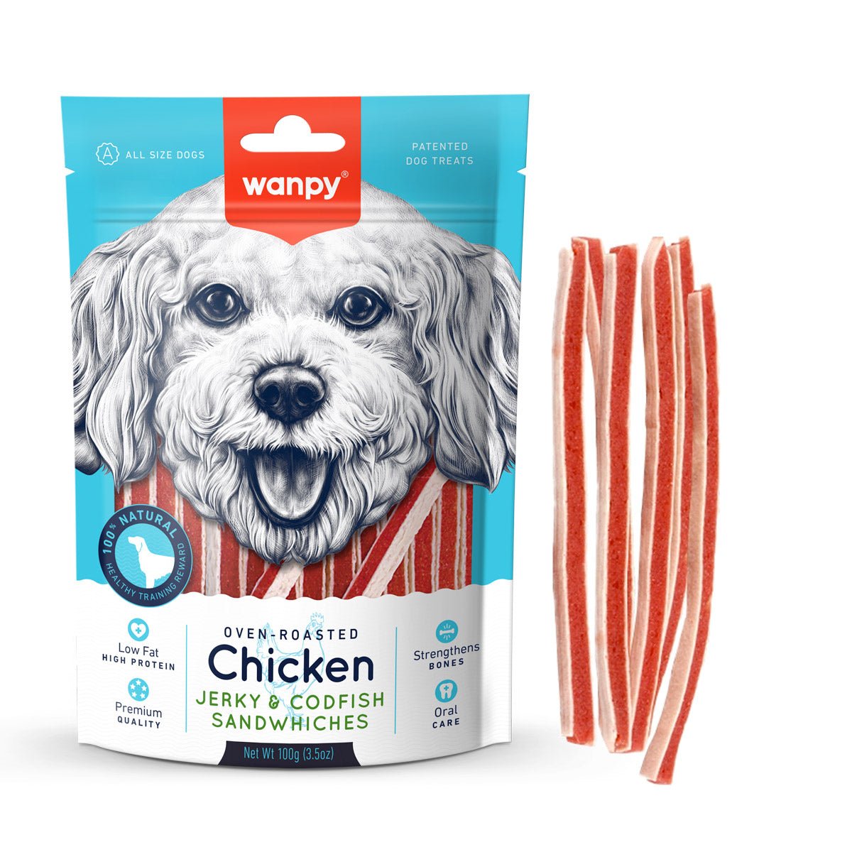 Wanpy Chicken Jerky & Codfish Sandwiches 100g - Shopivet.com