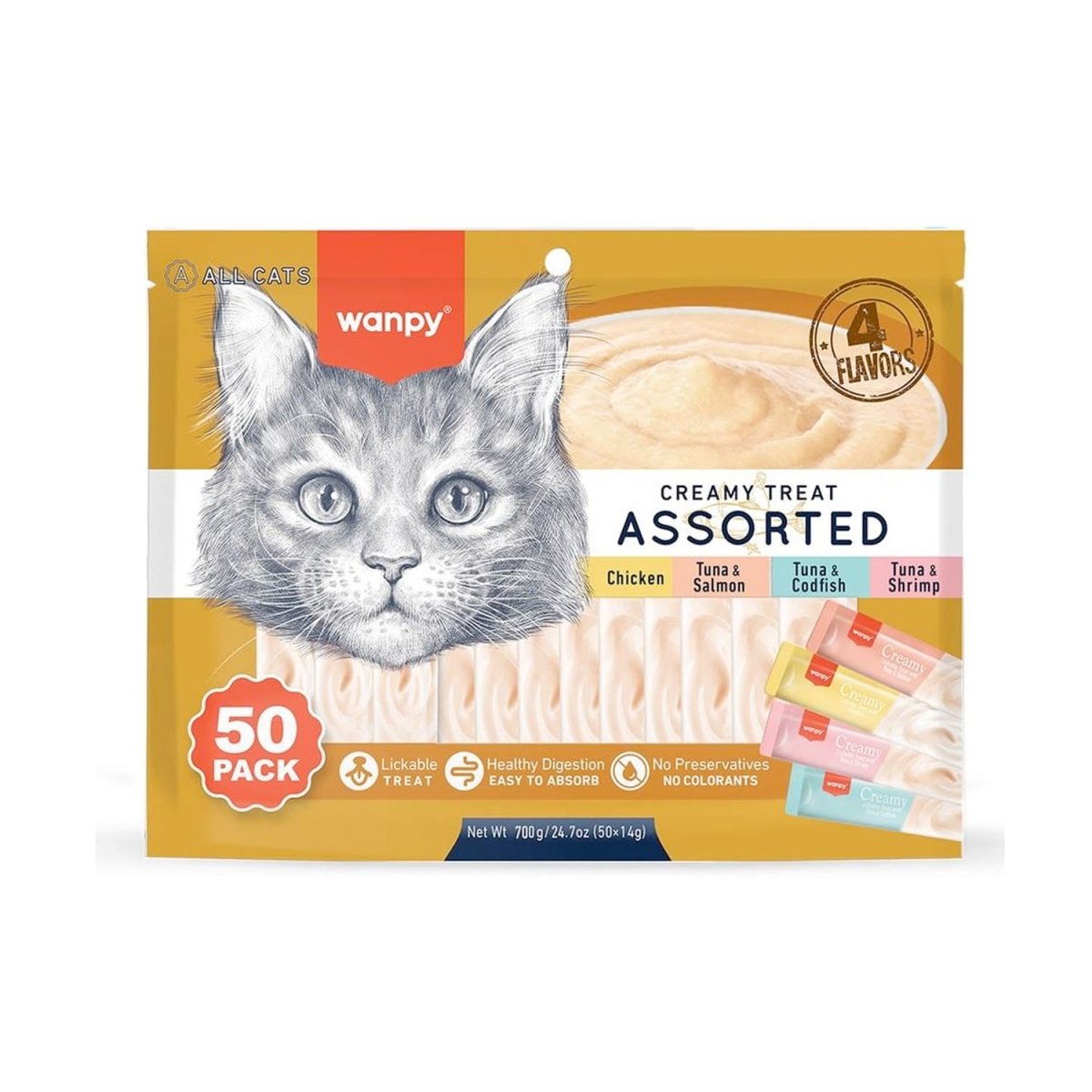 Wanpy Creamy Lickable Cat Treats Assorted – 4 Different Flavors (14g x 50pc) - Shopivet.com