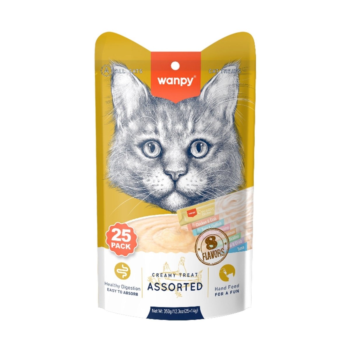 Wanpy Creamy Lickable Cat Treats Assorted – 8 Different Flavors (14g x 25pc) - Shopivet.com